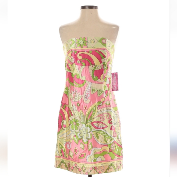 Melly M Pink and Green Strapless Silk Dress Resort Wear Size 6 - Picture 1 of 4